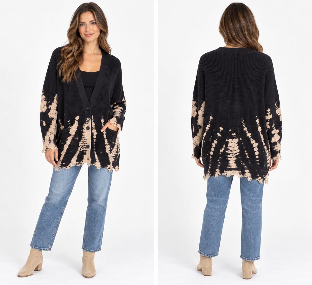 Young Fabulous & Broke Distressed Tie-Dye Cardigan M/L Black Beige Indie